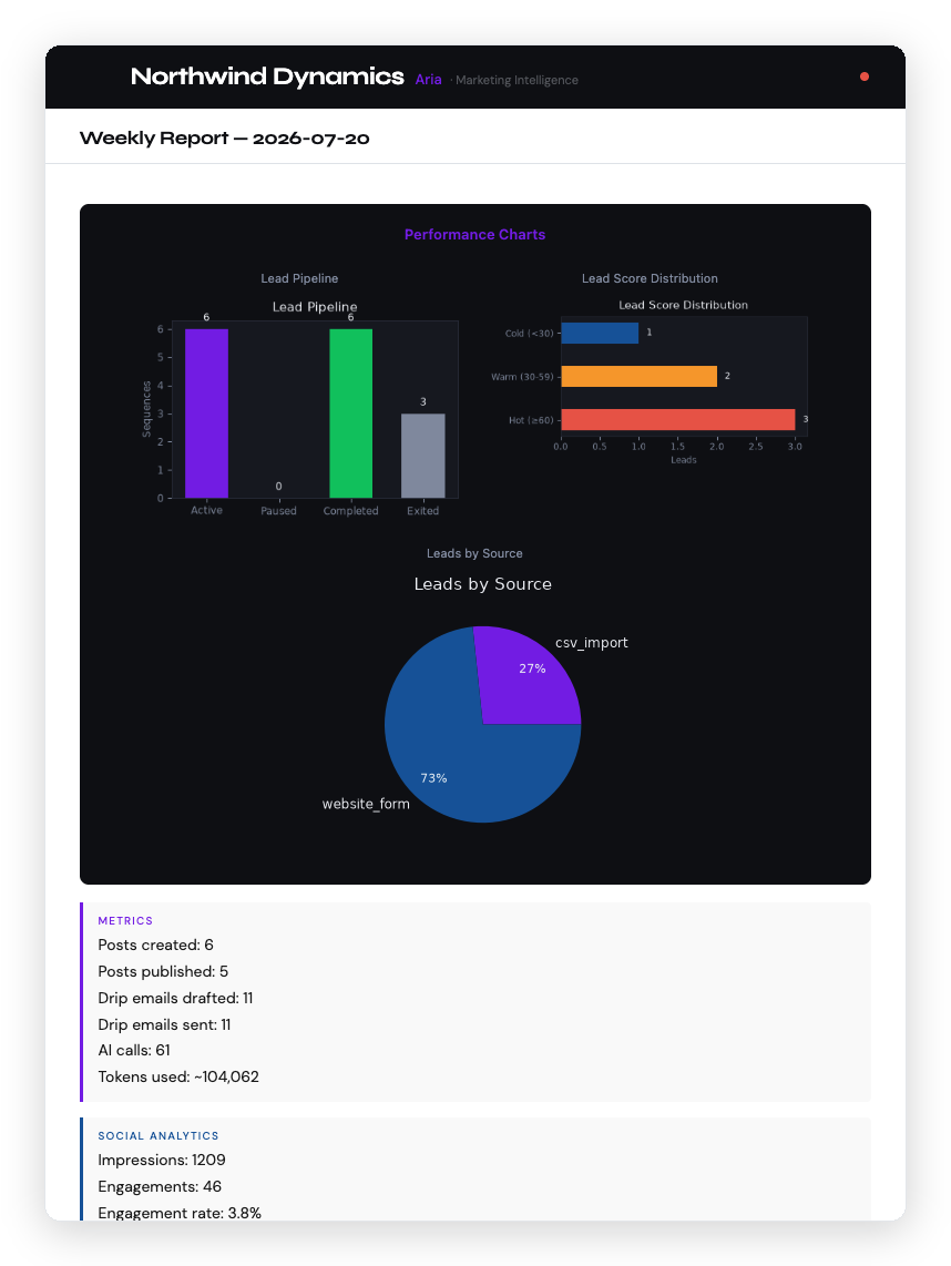 Aria weekly marketing report showing lead pipeline, lead score distribution, leads by source, and engagement metrics