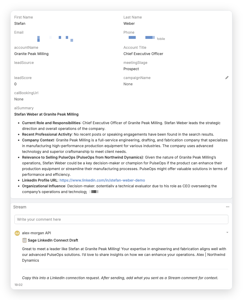 CRM contact record enriched by Sage with an AI-generated summary of the prospect's role, company context, and buying relevance