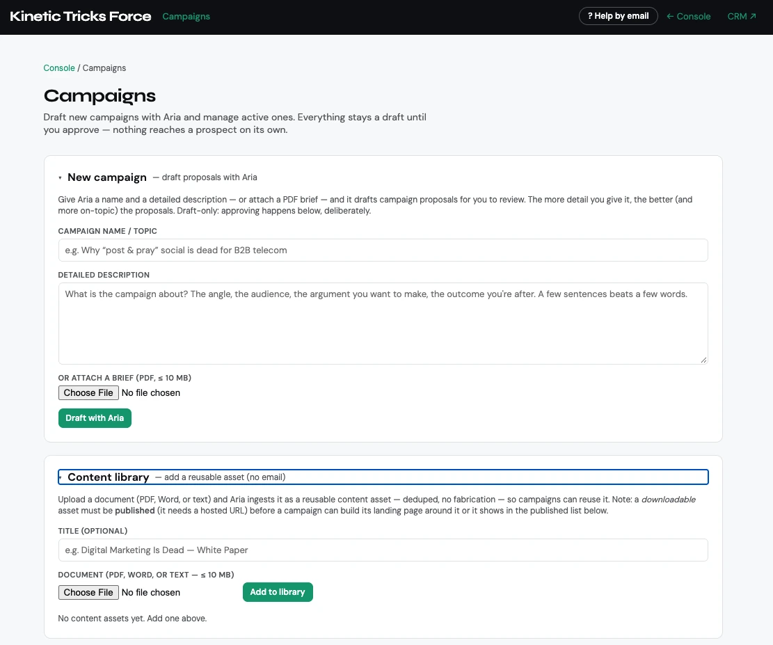 Console Campaigns workspace with a new campaign form and a content library for reusable assets such as white papers