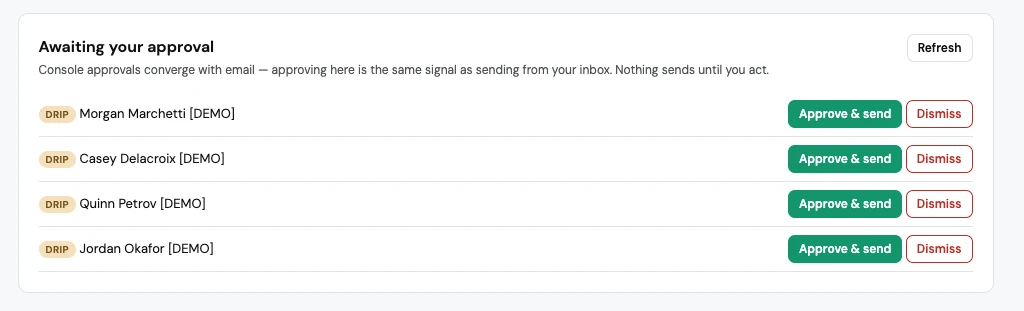 Console approval queue listing drafted drip emails, each with Approve and send and Dismiss buttons
