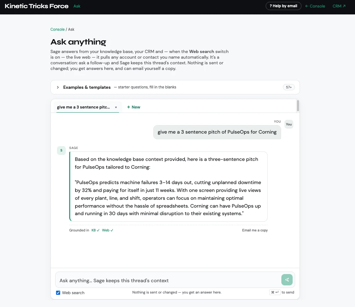 Console Ask workspace showing a question and a three-sentence pitch from Sage, marked as grounded in the knowledge base and web