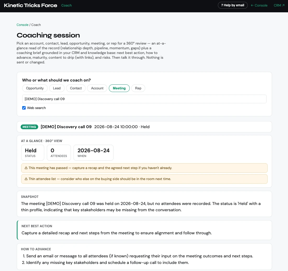 Console Coach workspace showing a meeting review with warnings, a snapshot, the next best action, and steps to advance