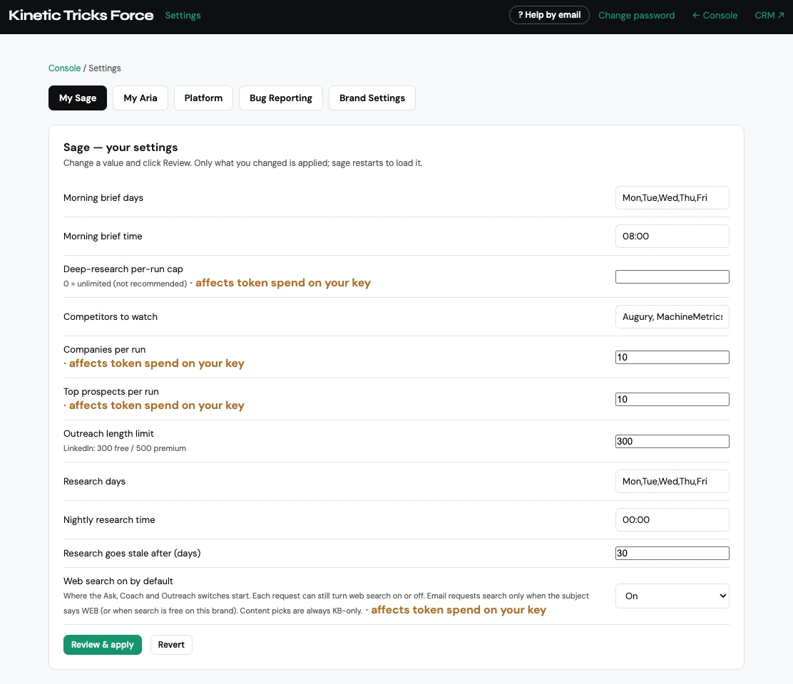 Sage settings in the Console, including morning brief schedule, research cadence, and prospects per run, with spend-affecting settings labeled